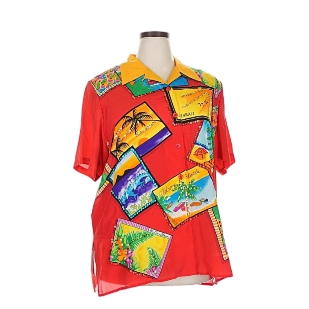 Diane Gilman Silk Hawaii Print Shirt Red Tropical 2X